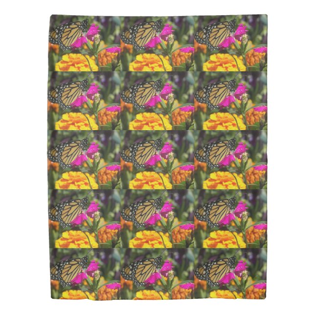 Monarch Butterfly on Pink Marigold Duvet Cover (Front)