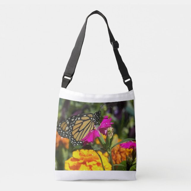 Monarch Butterfly on Pink Marigold Flower Crossbody Bag (Front)