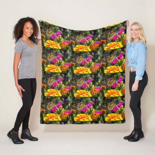 Monarch Butterfly on Pink Marigold Flower Fleece Blanket