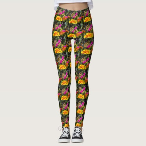 Monarch Butterfly on Pink Marigold Flower Leggings