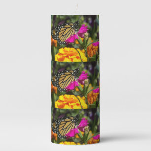 Monarch Butterfly on Pink Marigold Flower Pillar Candle