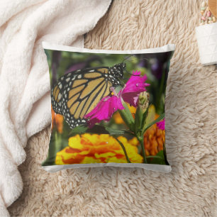 Monarch Butterfly on Pink Marigold Flower Throw Pillow