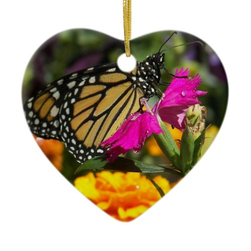 Monarch Butterfly on pink marigold-heart ornament