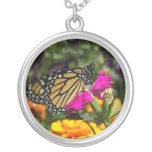 Monarch Butterfly on pink marigold-necklace Silver Plated Necklace