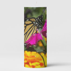 Monarch Butterfly on Pink Marigold Pillar Candle