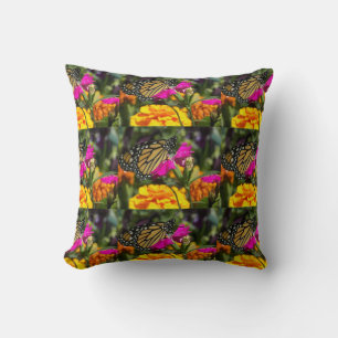 Monarch Butterfly on Pink Marigold Throw Pillow