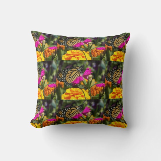 Monarch Butterfly on Pink Marigold Throw Pillow (Front)