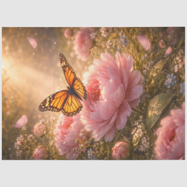 Monarch Butterfly on Pink Peonies Decoupage Paper (Front)
