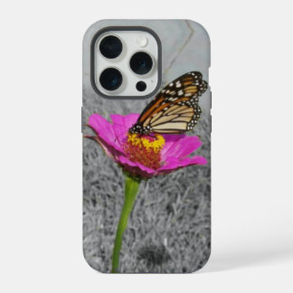 Monarch Butterfly on pink zinnia iPhone 15 Pro Case