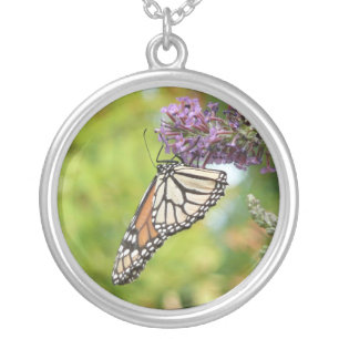Monarch Butterfly on Purple Butterfly Bush Silver Plated Necklace
