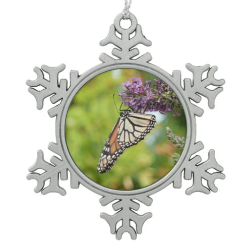 Monarch Butterfly on Purple Butterfly Bush Snowflake Pewter Christmas Ornament