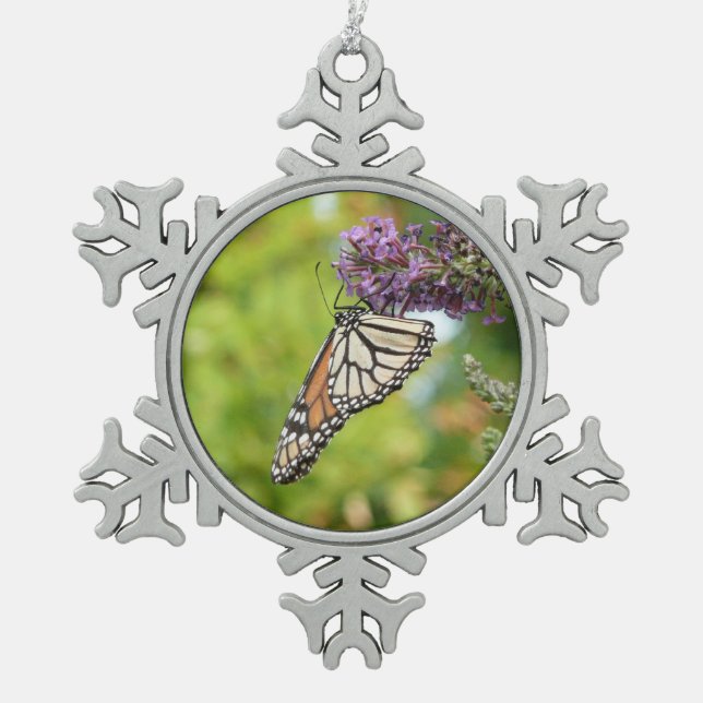 Monarch Butterfly on Purple Butterfly Bush Snowflake Pewter Christmas Ornament (Front)