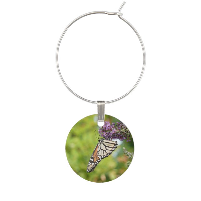 Monarch Butterfly on Purple Butterfly Bush Wine Glass Charm (Front)