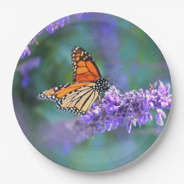 Monarch Butterfly on Purple lilac Flower Paper Plates (Front)