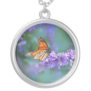 Monarch Butterfly on Purple lilac Flower Silver Plated Necklace