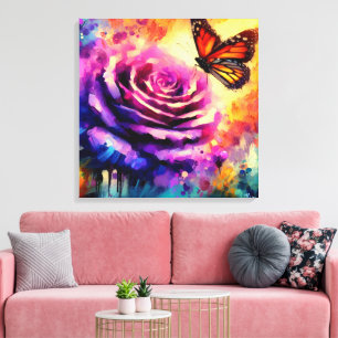 Monarch Butterfly on Purple Rose at Sunset Floral Canvas Print