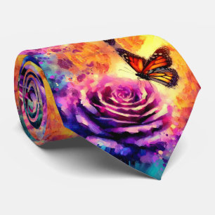 Monarch Butterfly on Purple Rose at Sunset Floral Neck Tie