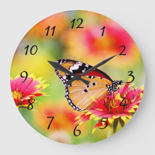 Monarch Butterfly on Red and Yellow Flower Large Clock