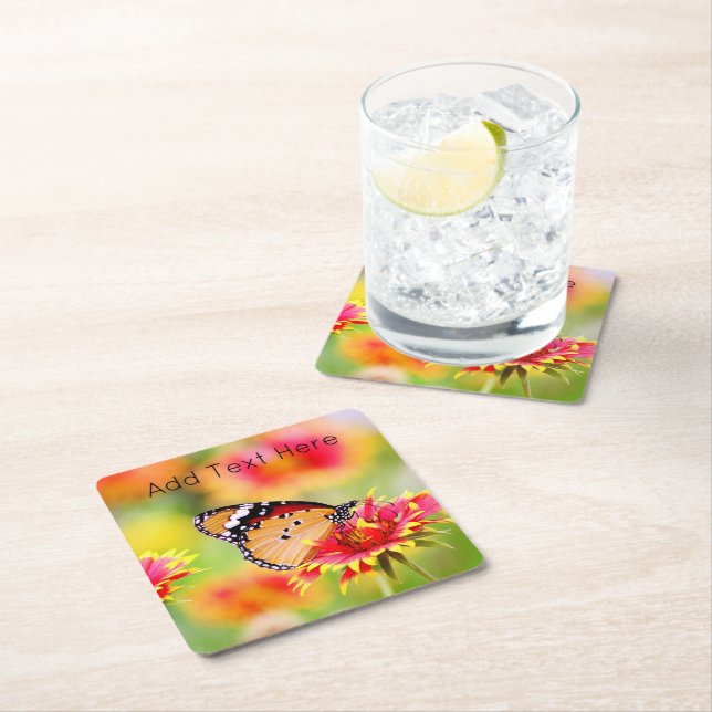 Monarch Butterfly on Red and Yellow Flowers Square Paper Coaster (Insitu)