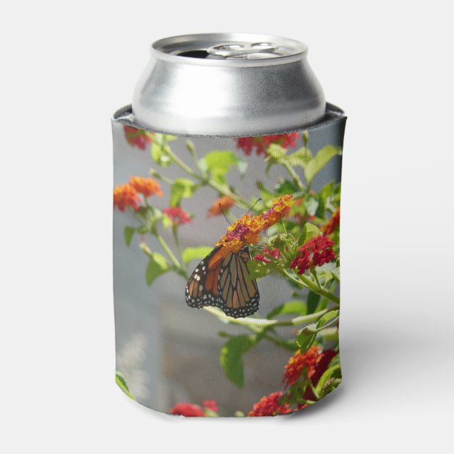 Monarch Butterfly on Red Butterfly Bush Can Cooler (Can Front)