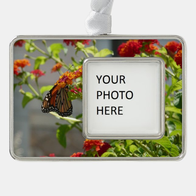 Monarch Butterfly on Red Butterfly Bush Christmas Ornament (Front)