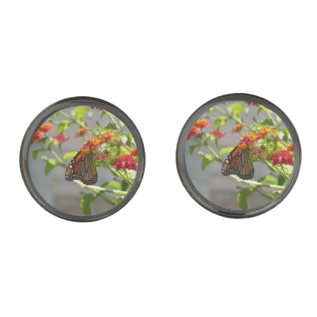 Monarch Butterfly on Red Butterfly Bush Cufflinks (Front)