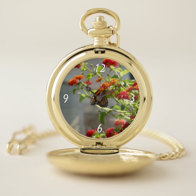 Monarch Butterfly on Red Butterfly Bush Pocket Watch (Inside)
