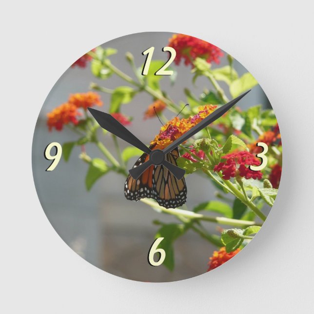 Monarch Butterfly on Red Butterfly Bush Round Clock (Front)