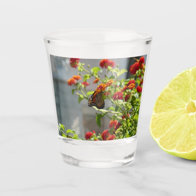 Monarch Butterfly on Red Butterfly Bush Shot Glass (Front)