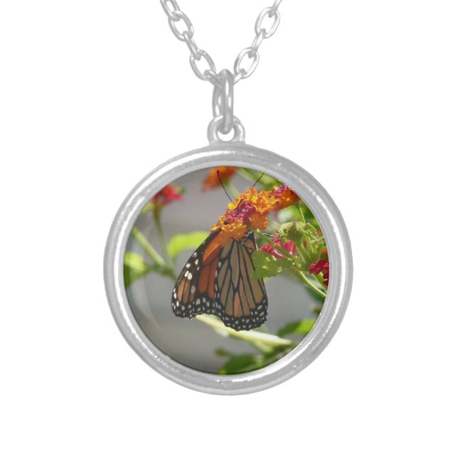 Monarch Butterfly on Red Butterfly Bush Silver Plated Necklace (Front)
