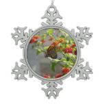 Monarch Butterfly on Red Butterfly Bush Snowflake Pewter Christmas Ornament