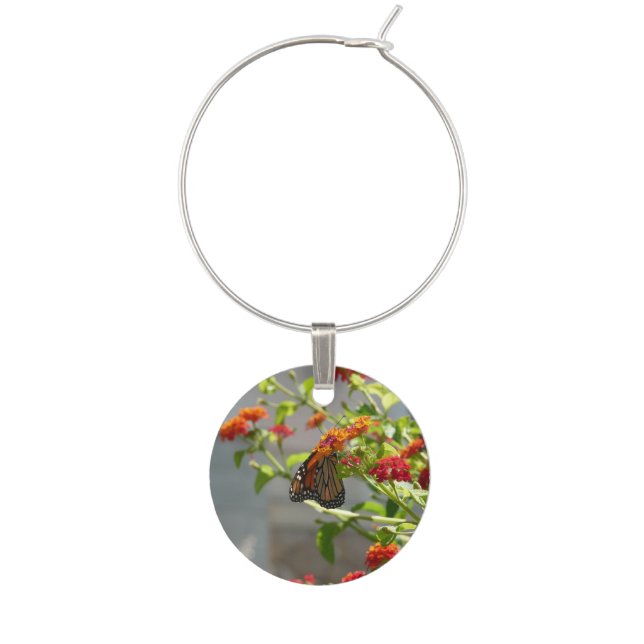 Monarch Butterfly on Red Butterfly Bush Wine Charm (Front)