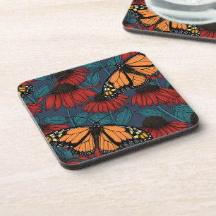 Monarch butterfly on red coneflowers beverage coaster