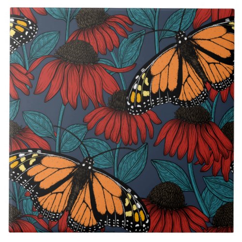 Monarch butterfly on red coneflowers ceramic tile