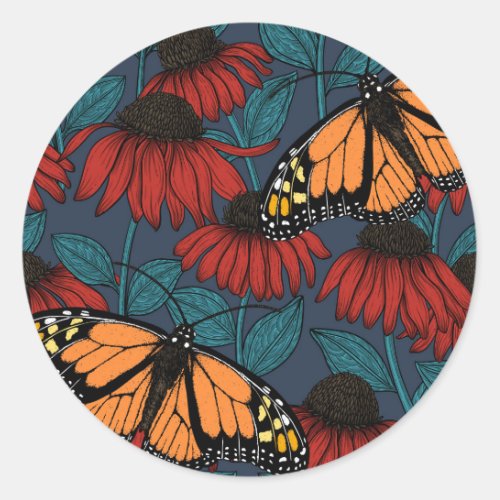 Monarch butterfly on red coneflowers classic round sticker