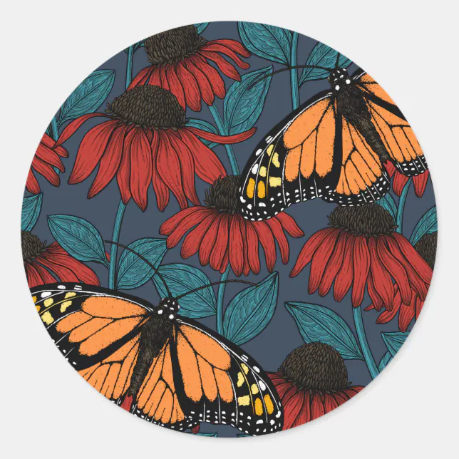 Monarch butterfly on red coneflowers classic round sticker | Zazzle