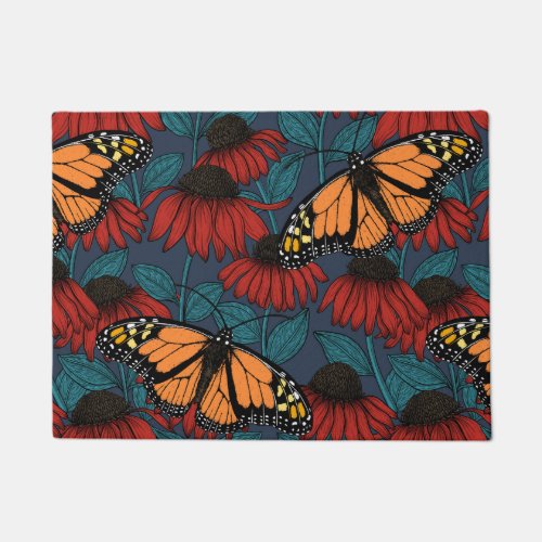 Monarch butterfly on red coneflowers doormat