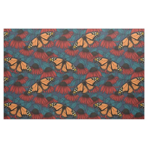 Monarch butterfly on red coneflowers fabric