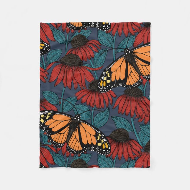 Monarch butterfly on red coneflowers fleece blanket (Front)