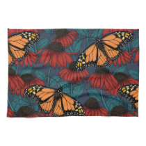 Monarch butterfly on red coneflowers kitchen towel