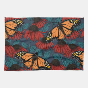 Monarch butterfly on red coneflowers kitchen towel