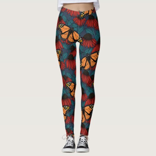 Monarch butterfly on red coneflowers leggings