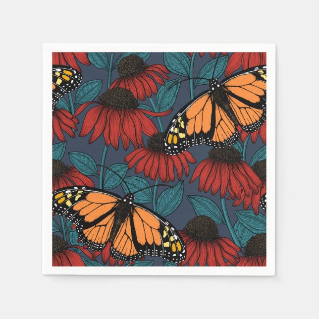 Monarch butterfly on red coneflowers napkins (Front)