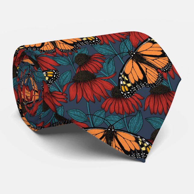 Monarch butterfly on red coneflowers neck tie (Rolled)