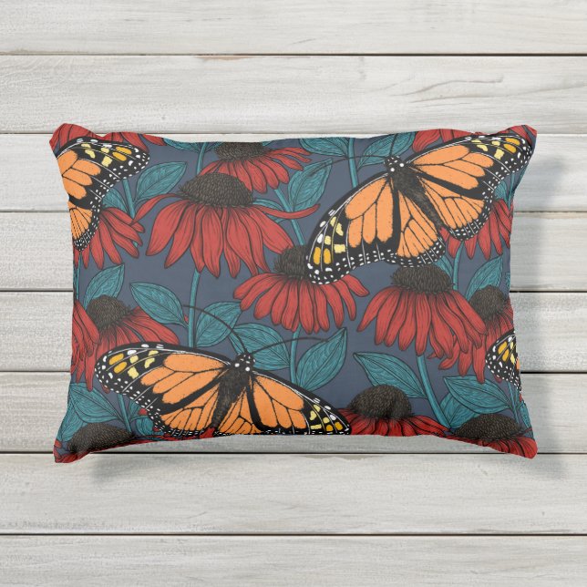 Monarch butterfly on red coneflowers outdoor pillow (Front)