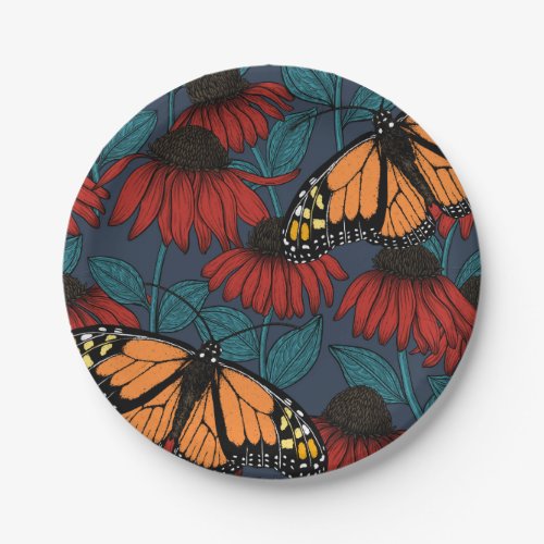 Monarch butterfly on red coneflowers paper plates