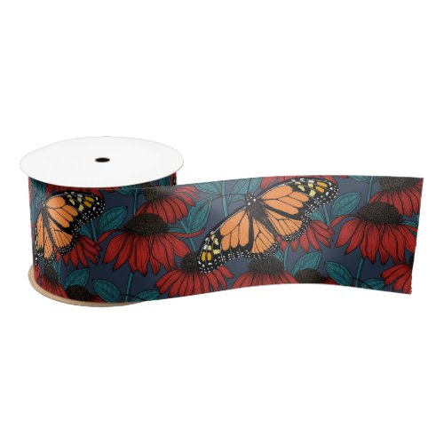 Monarch butterfly on red coneflowers satin ribbon