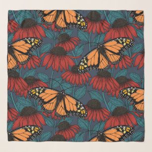 Monarch butterfly on red coneflowers scarf