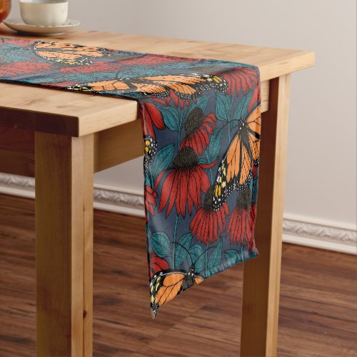 Monarch butterfly on red coneflowers short table runner