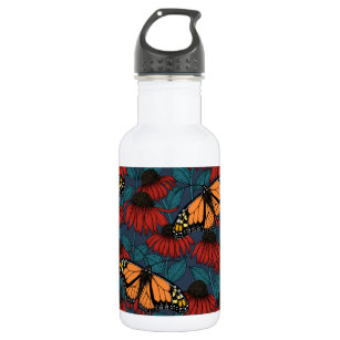 Monarch butterfly on red coneflowers stainless steel water bottle